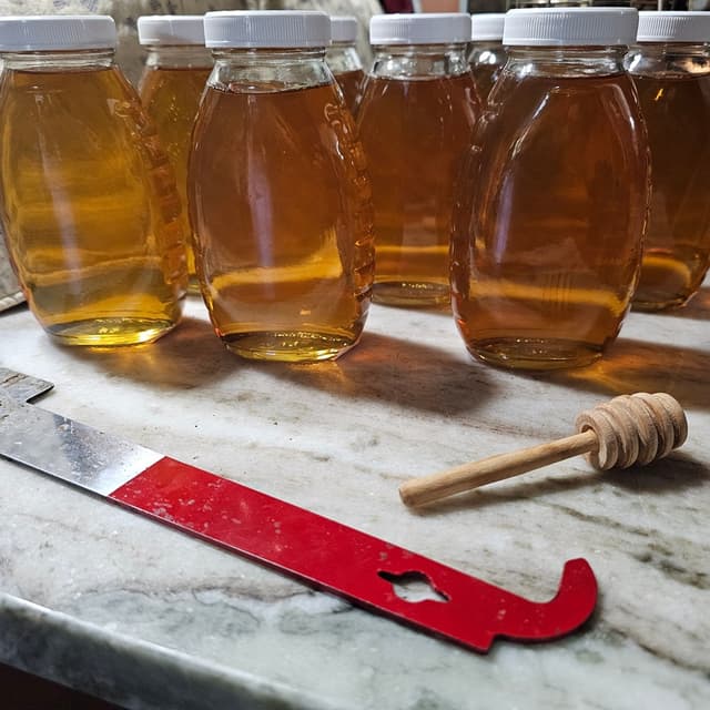 Jars of honey with hive tool and honey dipper