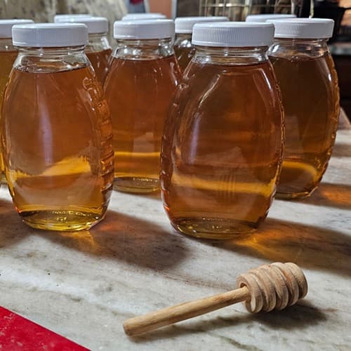 Jars of honey with a honey dipper